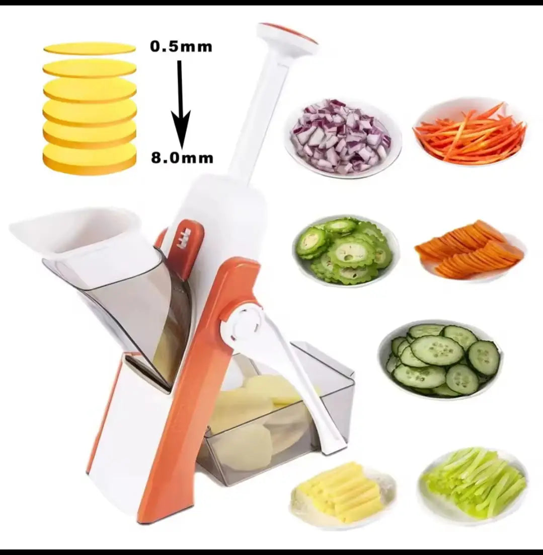High Quality 5 in 1 Spring Vegetable & Fruit Slicer | Adjustable Thickness Cutter | Multi-Functional Pump Slicer & Dicer | ABS Kitchen Chopper for Meal Prep